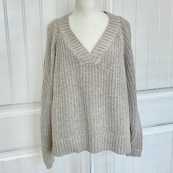 LEITH Nordstrom Chunky Taupe Wool Blend Knit Double Cutout Long Sleeve Sweater - Picture 3 of 10